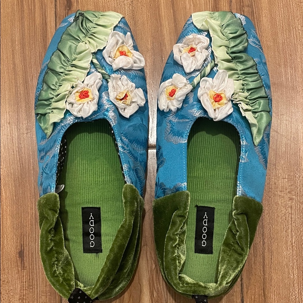 Blue Floral Velvet Ballet Flats